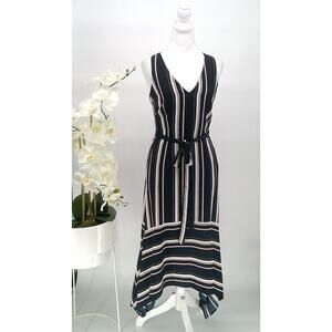 Vince Camuto Womens Size 4 Black Stripe Handkerchief Hem V-Neck A-Line Dress